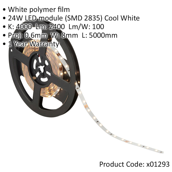 Flexible LED Tape Light - 5 Metres - 24W Cool White LEDs - Dimmable Strip Lights