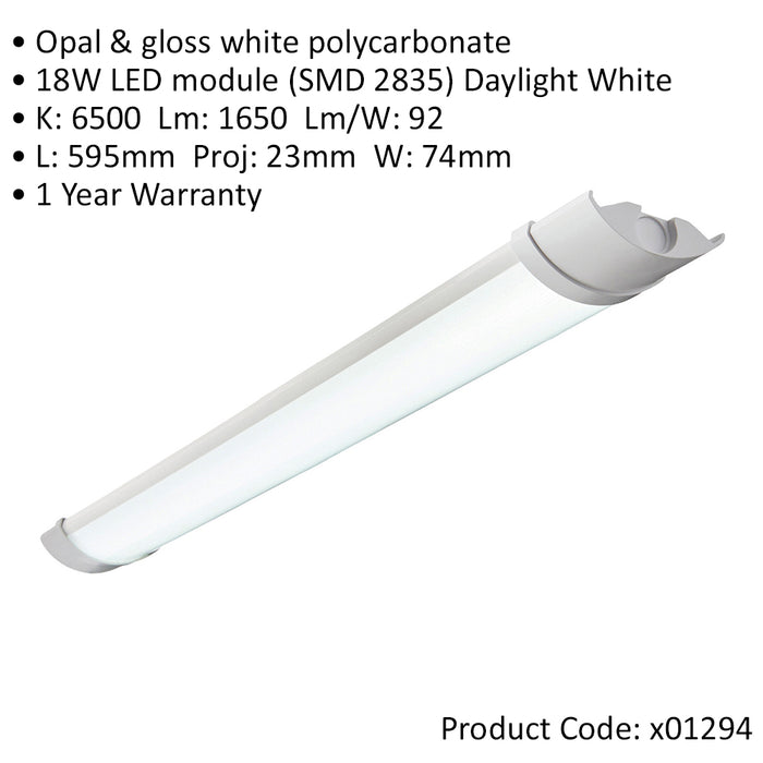 2ft IP65 Flush Batten Light - 18W Daylight White LED - Opal & Gloss White Pc