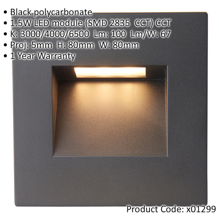 Square Outdoor Pathway Guide Light - 1.5W Indirect CCT LED - Black Polycarbonate