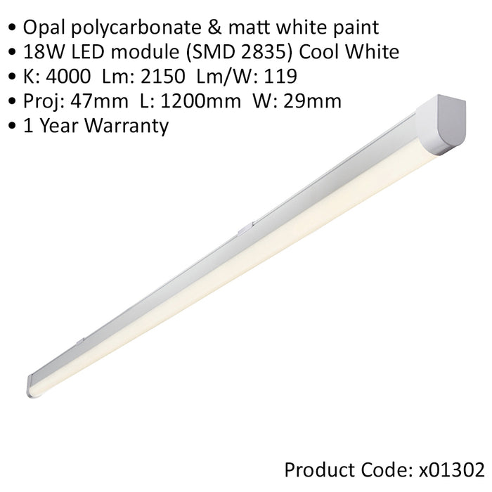 4ft Flicker Free Batten Light Fitting - 18W Cool White LED - Matt White & Opal
