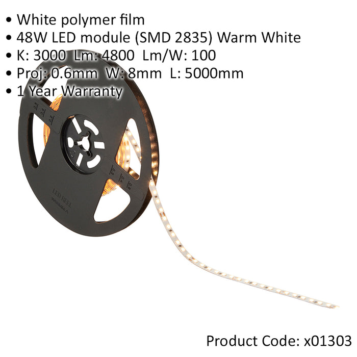 Flexible LED Tape Light - 5 Metres - 48W Warm White LEDs - Dimmable Strip Lights