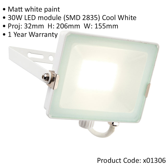 Outdoor IP65 Waterproof Floodlight - 30W Cool White LED - Matt White Aluminium