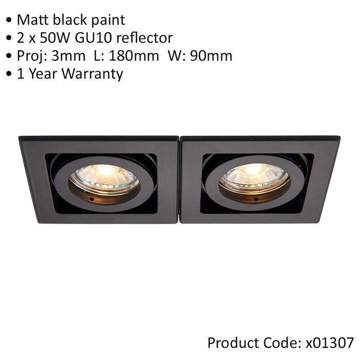 4 PACK Twin Recessed Boxed Downlight - 2 x 50W GU10 Reflector - Matt Black