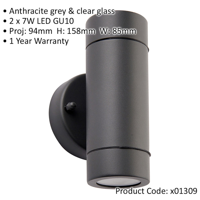 2 PACK Up & Down Twin Outdoor IP44 Wall Light - 2 x 7W GU10 LED - Anthracite