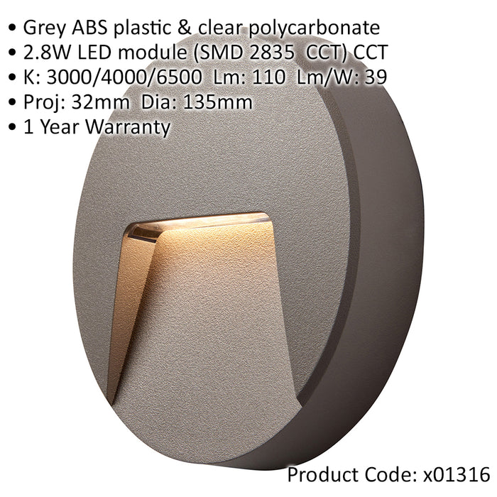 Round Outdoor IP65 Pathway Guide Light - Indirect CCT LED - Grey ABS Plastic