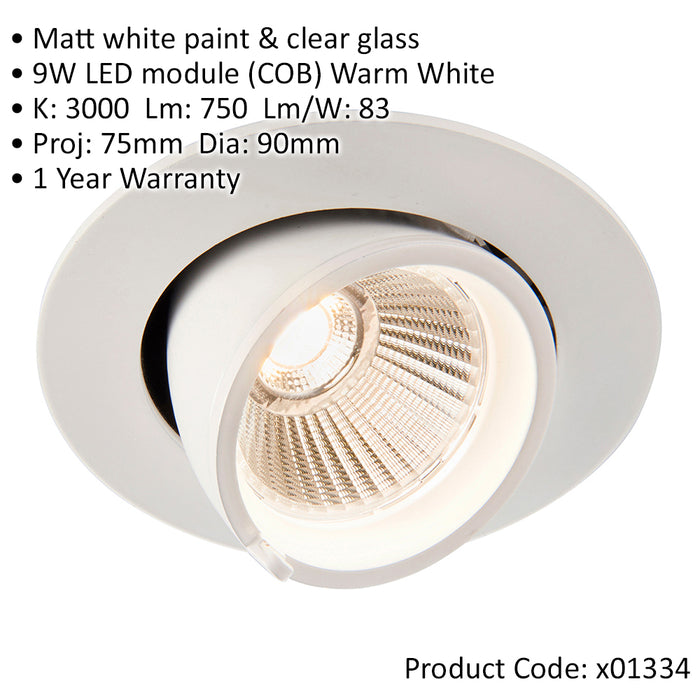 2 PACK Fully Adjustable Ceiling Downlight - 9W Warm White LED - Matt White