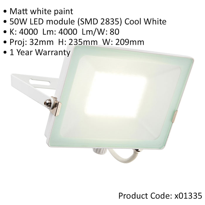 Outdoor IP65 Waterproof Floodlight - 50W Cool White LED - Matt White Aluminium