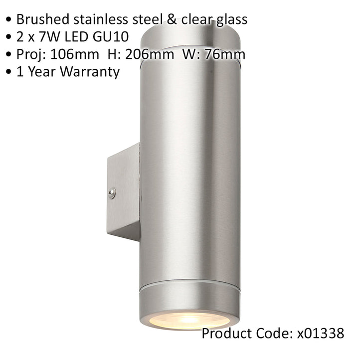 2 PACK Up & Down Twin Outdoor Wall Light - 2 x 7W GU10 LED - Brushed Steel
