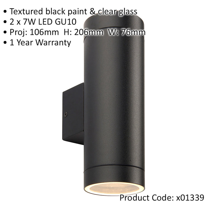 Up & Down Twin Outdoor IP44 Wall Light - 2 x 7W GU10 LED - Textured Black