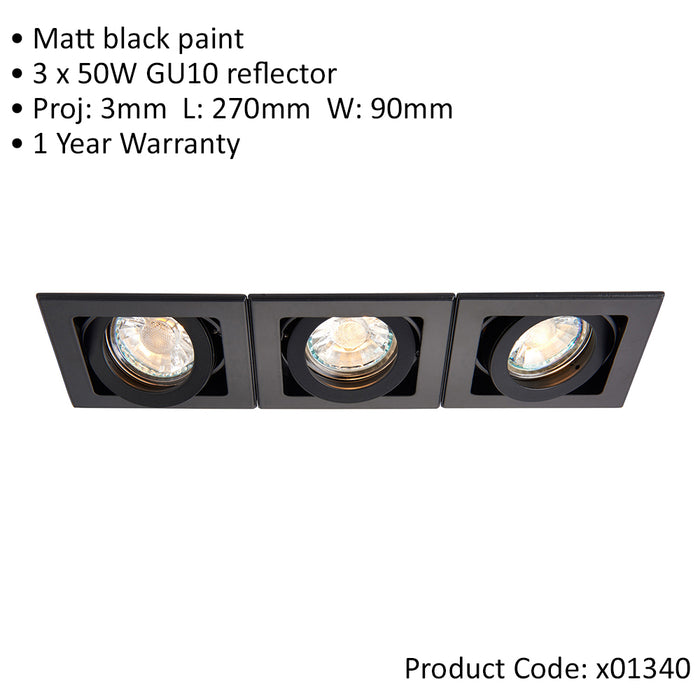 Triple Adjustable Recessed Boxed Downlight - 3 x 50W GU10 Reflector - Matt Black