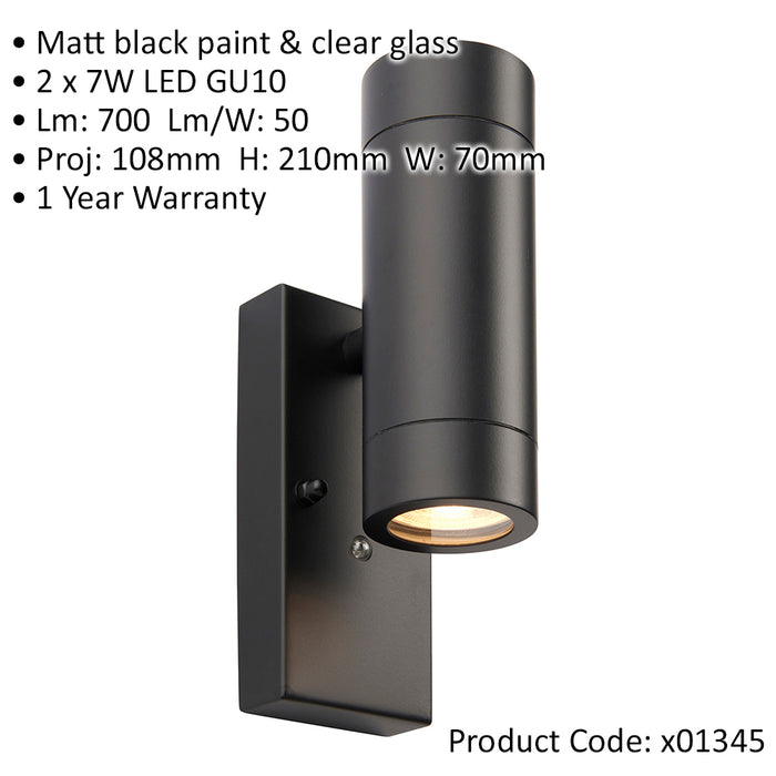 Twin Up & Down IP44 Wall Light - Photocell Sensor - 2 x 7W GU10 LED - Matt Black