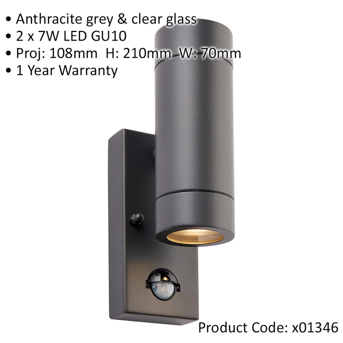 Twin Up & Down Wall Light with PIR Sensor - 2 x 7W GU10 LED - Anthracite Grey