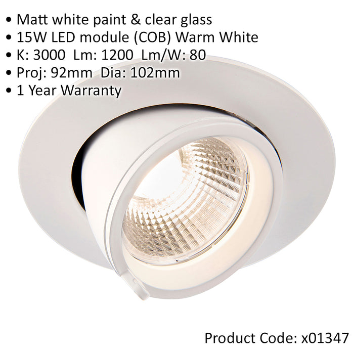 Fully Adjustable Recessed Ceiling Downlight - 15W Warm White LED - Matt White