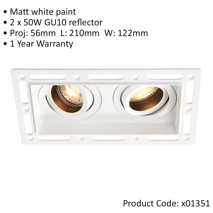 2 PACK Twin Trimless Plaster-In Downlight - 2 x 50W GU10 Reflector LED - White