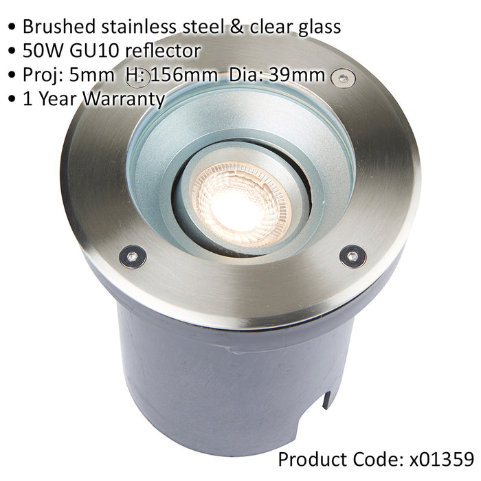 Recessed Outdoor IP67 Round Ground Light - 50W GU10 Reflector - Stainless Steel