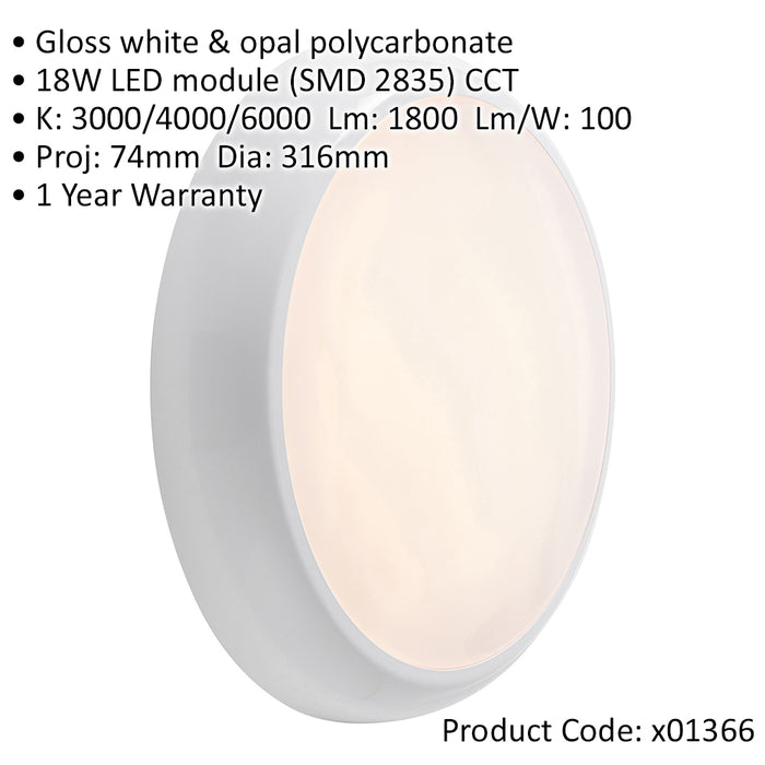 Gloss White Commercial IP65 Bulkhead Light - 18W CCT LED Module - Emergency LED