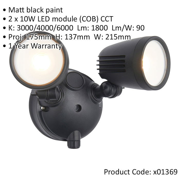 Twin Light Outdoor Adjustable Spot Light - 2 x 10W CCT LED Module - Matt Black