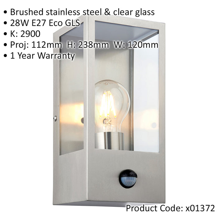 Outdoor Glass Box Style Wall Light with PIR - 28W Eco GLS LED - Brushed Steel