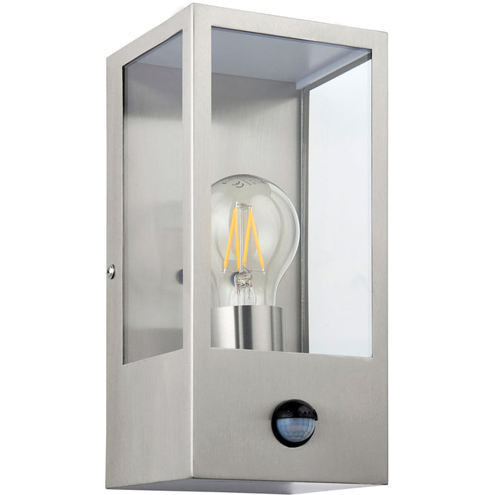 Outdoor Glass Box Style Wall Light with PIR - 28W Eco GLS LED - Brushed Steel