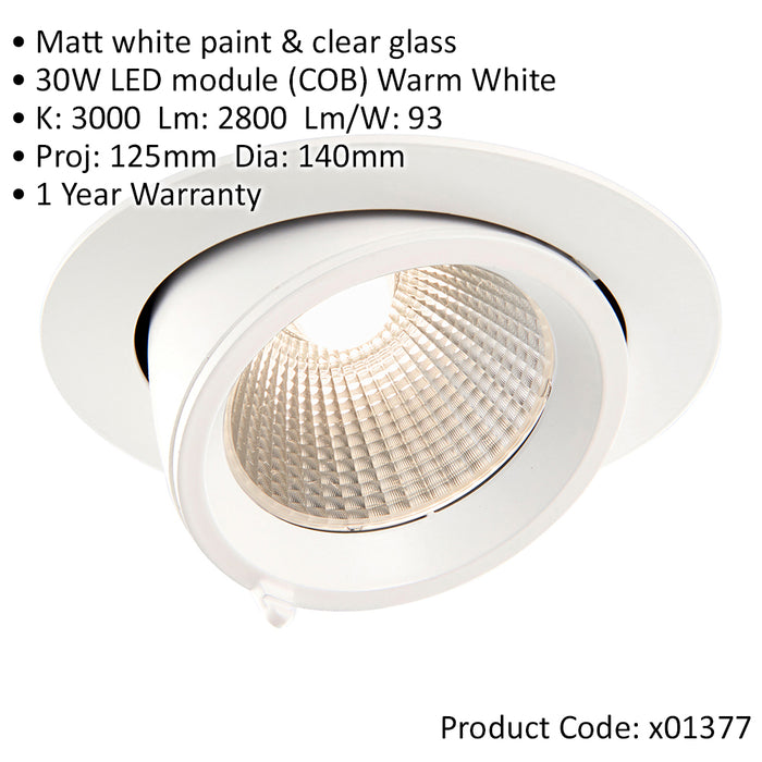 2 PACK Fully Adjustable Ceiling Downlight - 30W Warm White LED - Matt White
