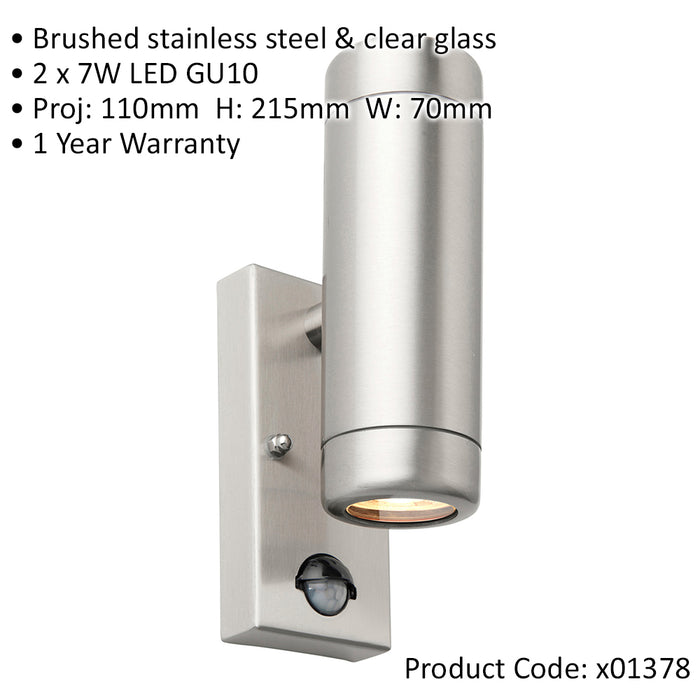 Twin Up & Down Wall Light with PIR Sensor - 2 x 7W GU10 LED - Brushed Steel - LoopsDirect