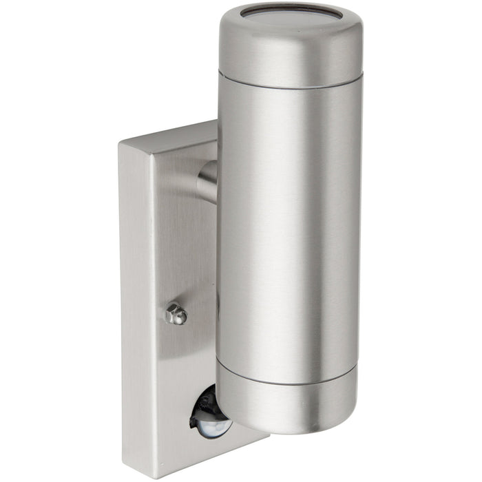 Twin Up & Down Wall Light with PIR Sensor - 2 x 7W GU10 LED - Brushed Steel - LoopsDirect