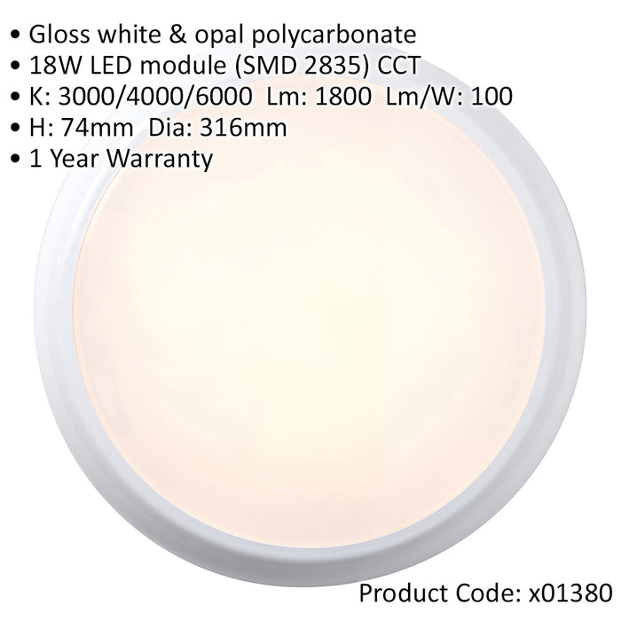 Commercial IP65 Emergency Bulkhead Light - 18W CCT LED - Corridor Microwave Lamp - LoopsDirect