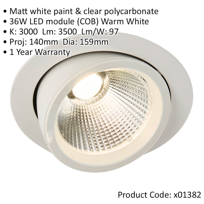 Fully Adjustable Recessed Ceiling Downlight - 36W Warm White LED - Matt White