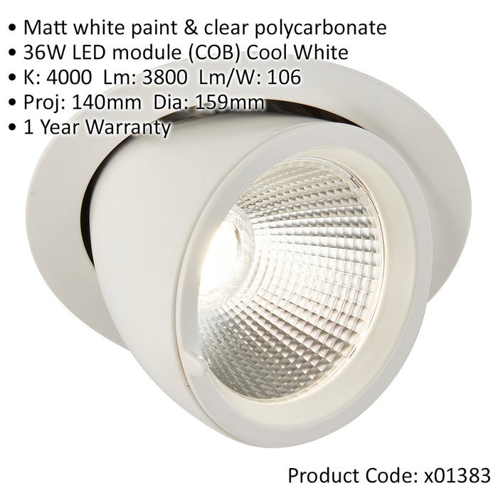 Fully Adjustable Recessed Ceiling Downlight - 36W Cool White LED - Matt White