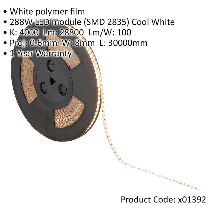 Flexible LED Tape Light - 30 Metres - 288W Cool White LEDs - Dimmable Lighting