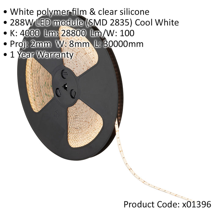 Flexible IP65 LED Tape Light - 30m Reel - 288W Cool White LEDs - Self-Adhesive