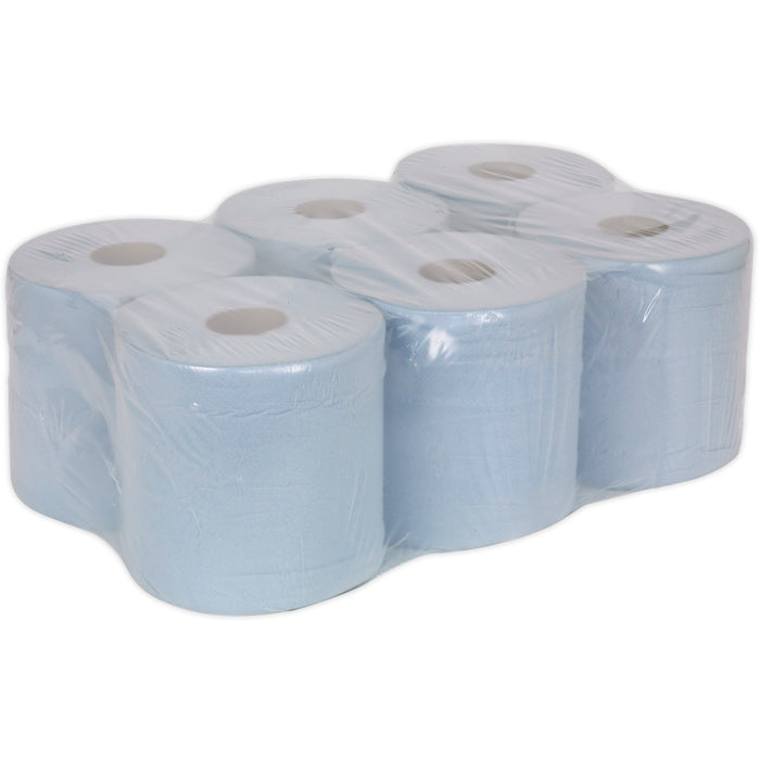 6 PACK 150m Blue 2-Ply Embossed Paper Roll - 190mm Wide - Perforated Paper Wipes Loops