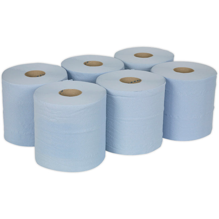 6 PACK 150m Blue 2-Ply Embossed Paper Roll - 190mm Wide - Perforated Paper Wipes Loops