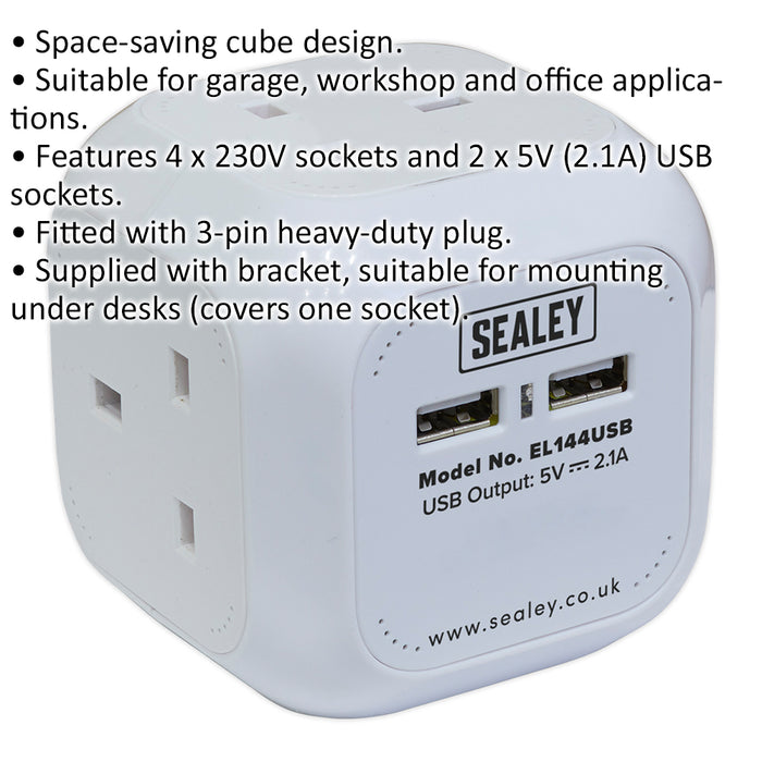 1.4m Space Saving Extension Cable Cube - 4 x 230V Sockets - 2 x USB Sockets Loops