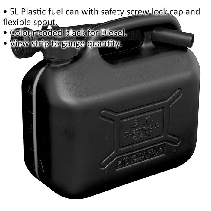 5 Litre Plastic Fuel Can -  Safety Screw Lock Cap - Flexible Spout - Black Loops