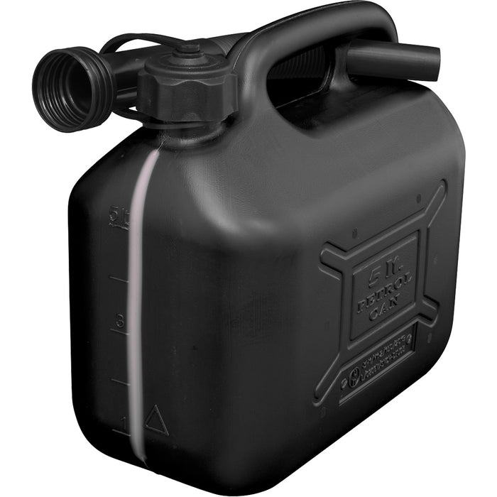 5 Litre Plastic Fuel Can -  Safety Screw Lock Cap - Flexible Spout - Black Loops