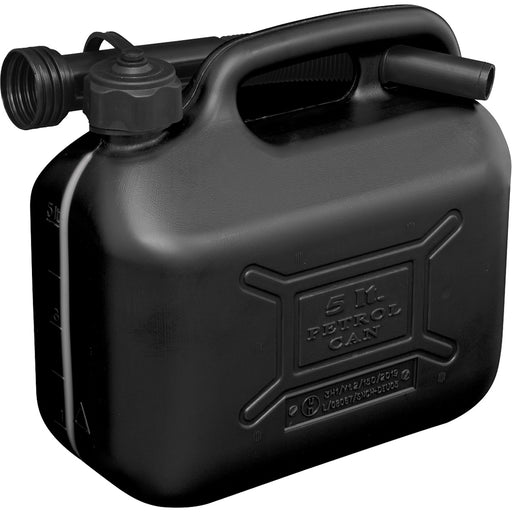 5 Litre Plastic Fuel Can -  Safety Screw Lock Cap - Flexible Spout - Black Loops