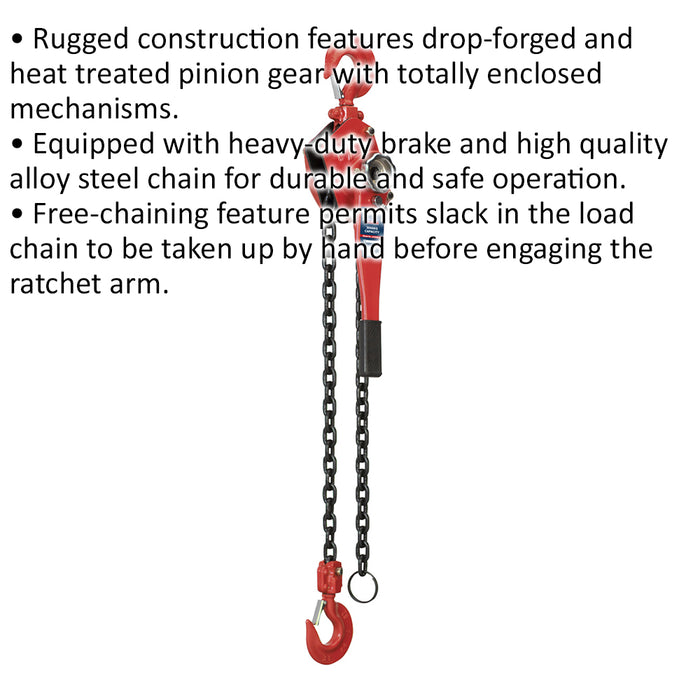 Steel Lever Hoist - 3000kg Max Capacity - Heavy Duty Brake - 1.5m Chain Length Loops