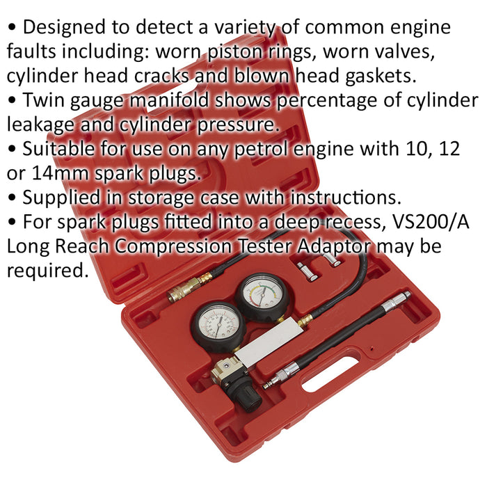 Petrol Engine Cylinder Leakage Tester - Twin Gauge Manifold - Engine Diagnosis Loops