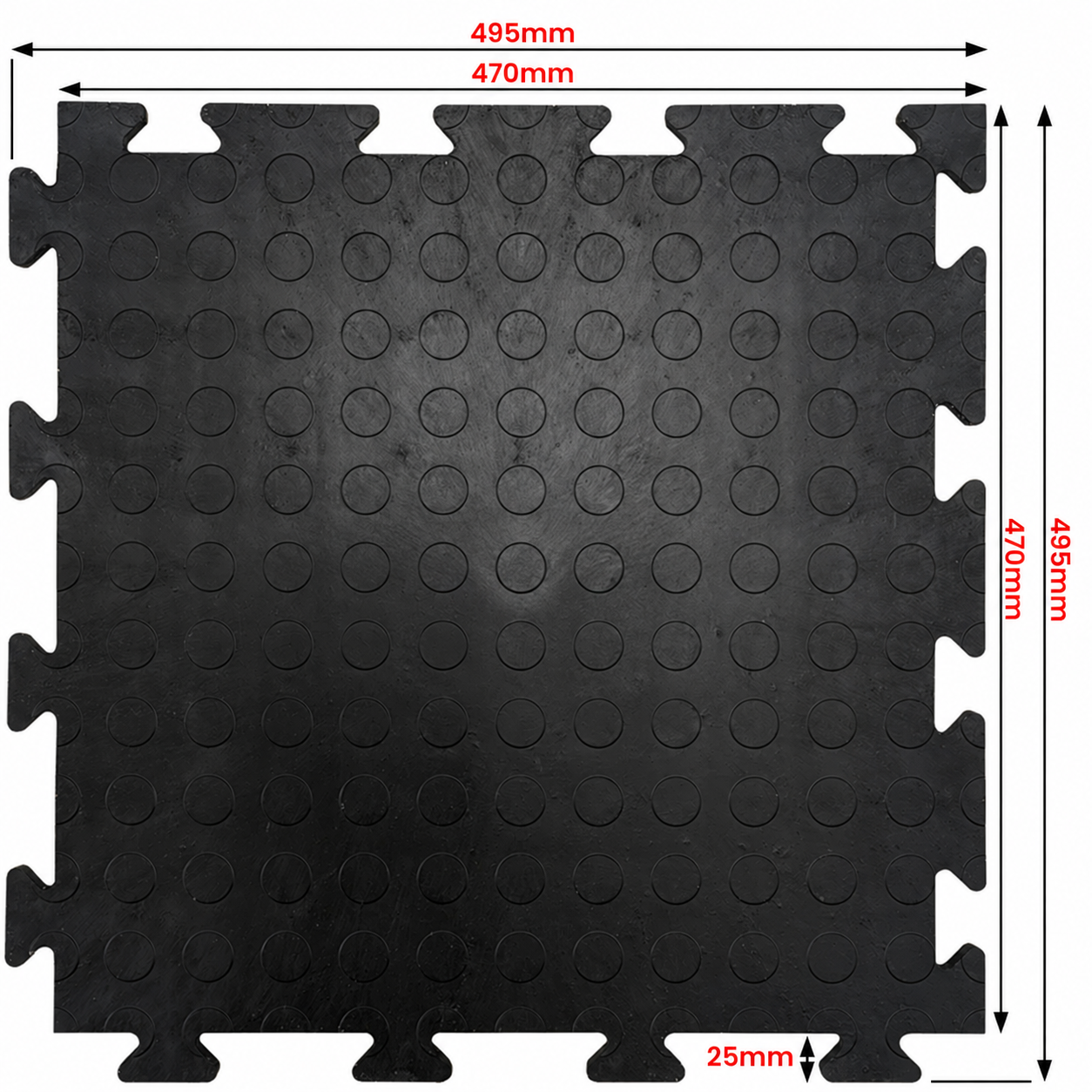 Black Coinect interlocking PVC garage floor tile with 470 millimetre usable dimensions and 495 millimetre overall dimensions